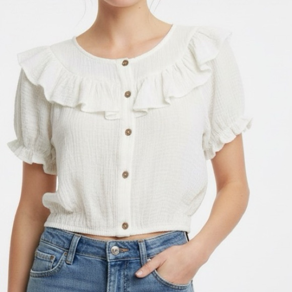 NWT DAY + MOON Anthropologie Willow Prairie Cotton Ruffle Cap Sleeve Crop Top L